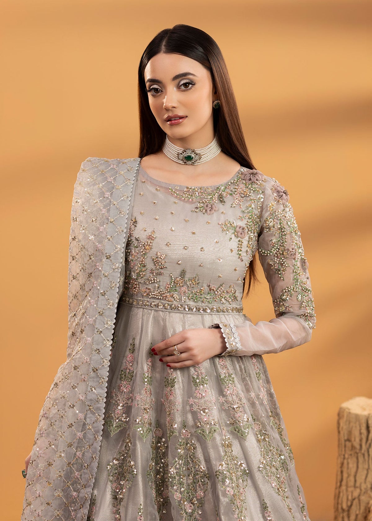 Pakistani Designer Grey Organza Maxi Suit Online in KSA Riyadh Saudi Arabia Oman Bahrain Qatar