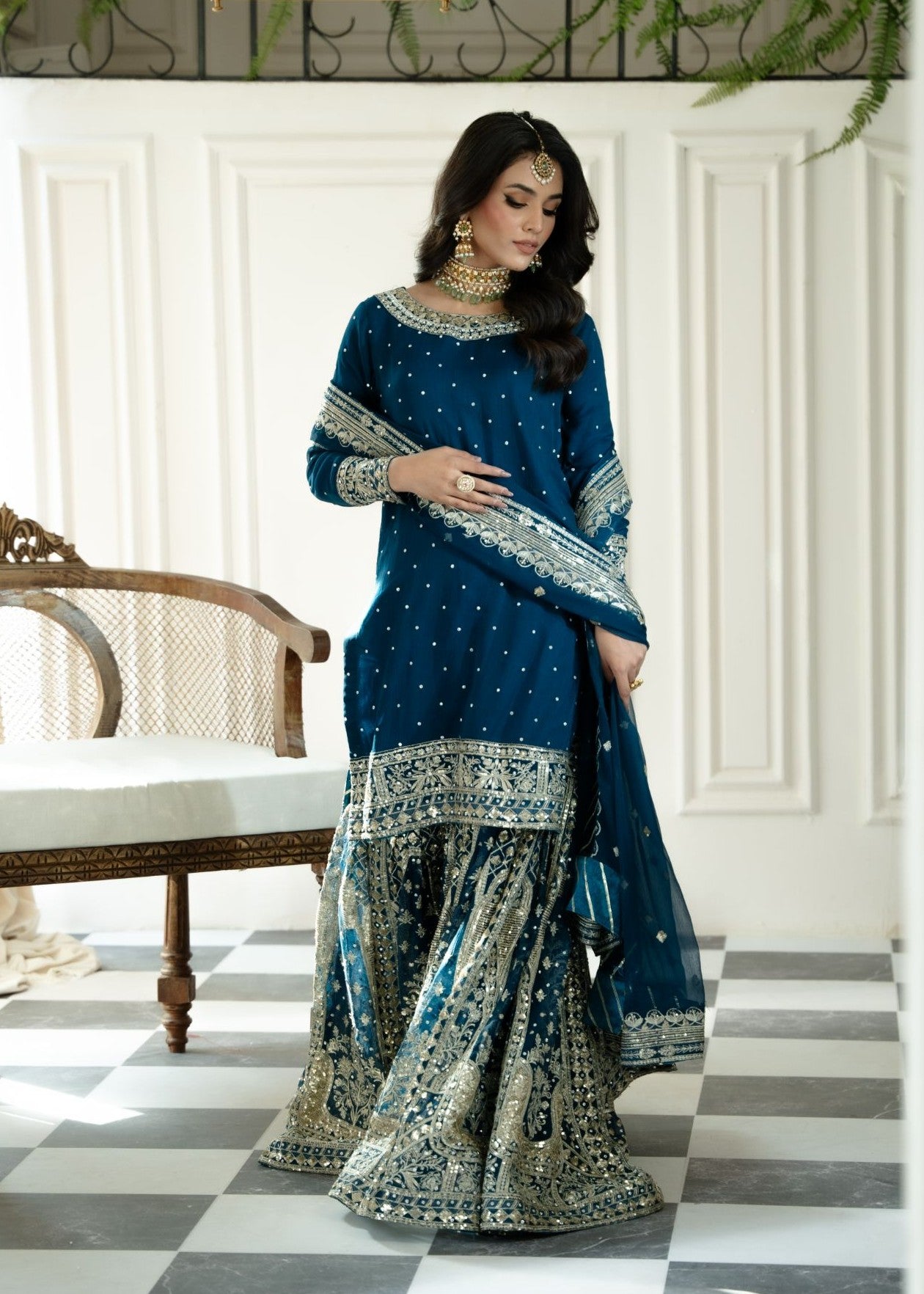 Embellished Midnight Blue Chiffon Salwar Kameez Online in UK USA Canada