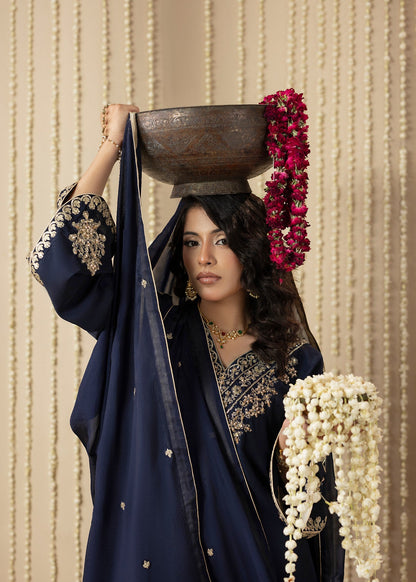 Embellished Midnight Blue Kaftan with Dupatta Online in UK USA Canada