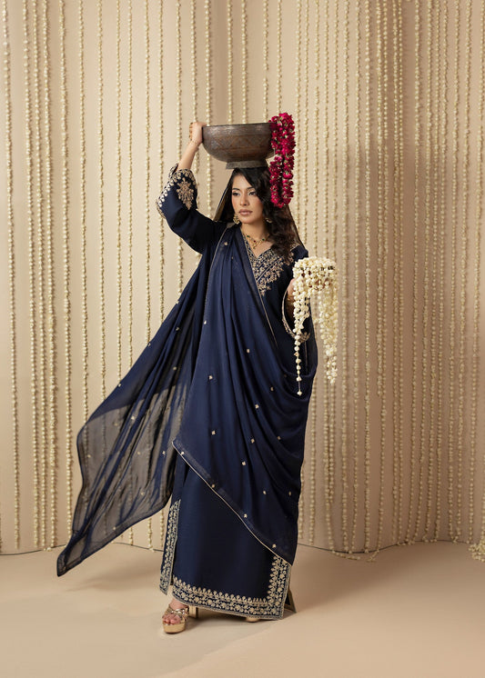 Embellished Midnight Blue Silk Kaftan Dress Online in KSA Riyadh Saudi Arabia Oman Bahrain Qatar