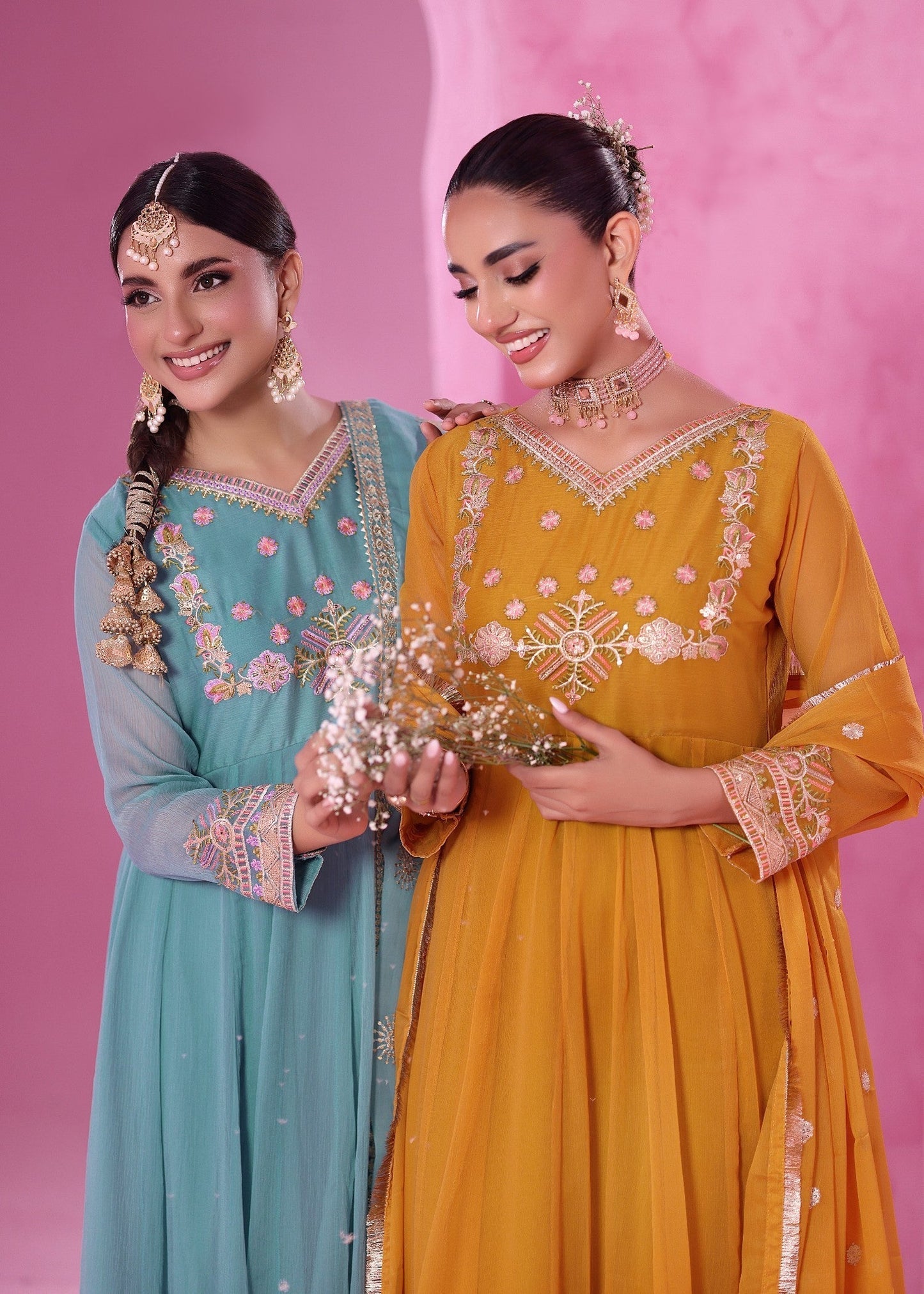 Embellished Mustard Chiffon 3 Piece Suit Online in KSA Riyadh Saudi Arabia Oman Bahrain Qatar