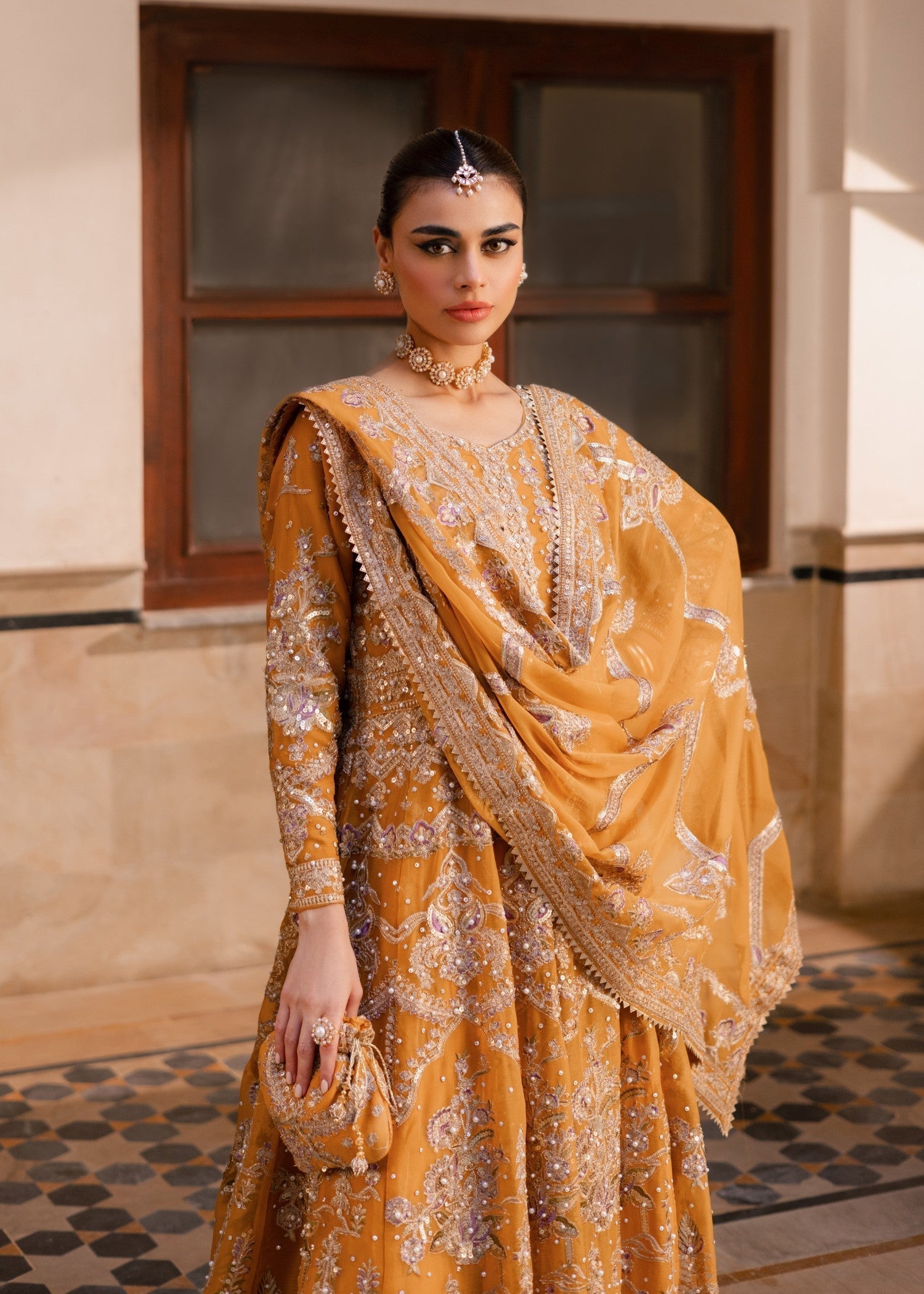 Embellished Mustard Chiffon Wedding Gown Online in KSA Riyadh Saudi Arabia Oman Bahrain Qatar