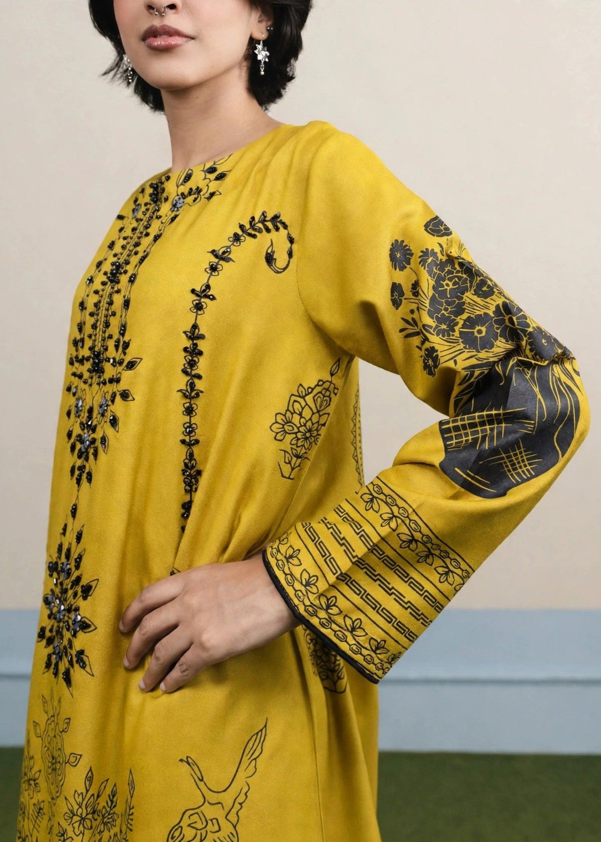 Embellished Mustard Kaftan Dhanak Designer Salwar Kameez Online in Dubai DXB UAE Abudhabi Meena Bazaar