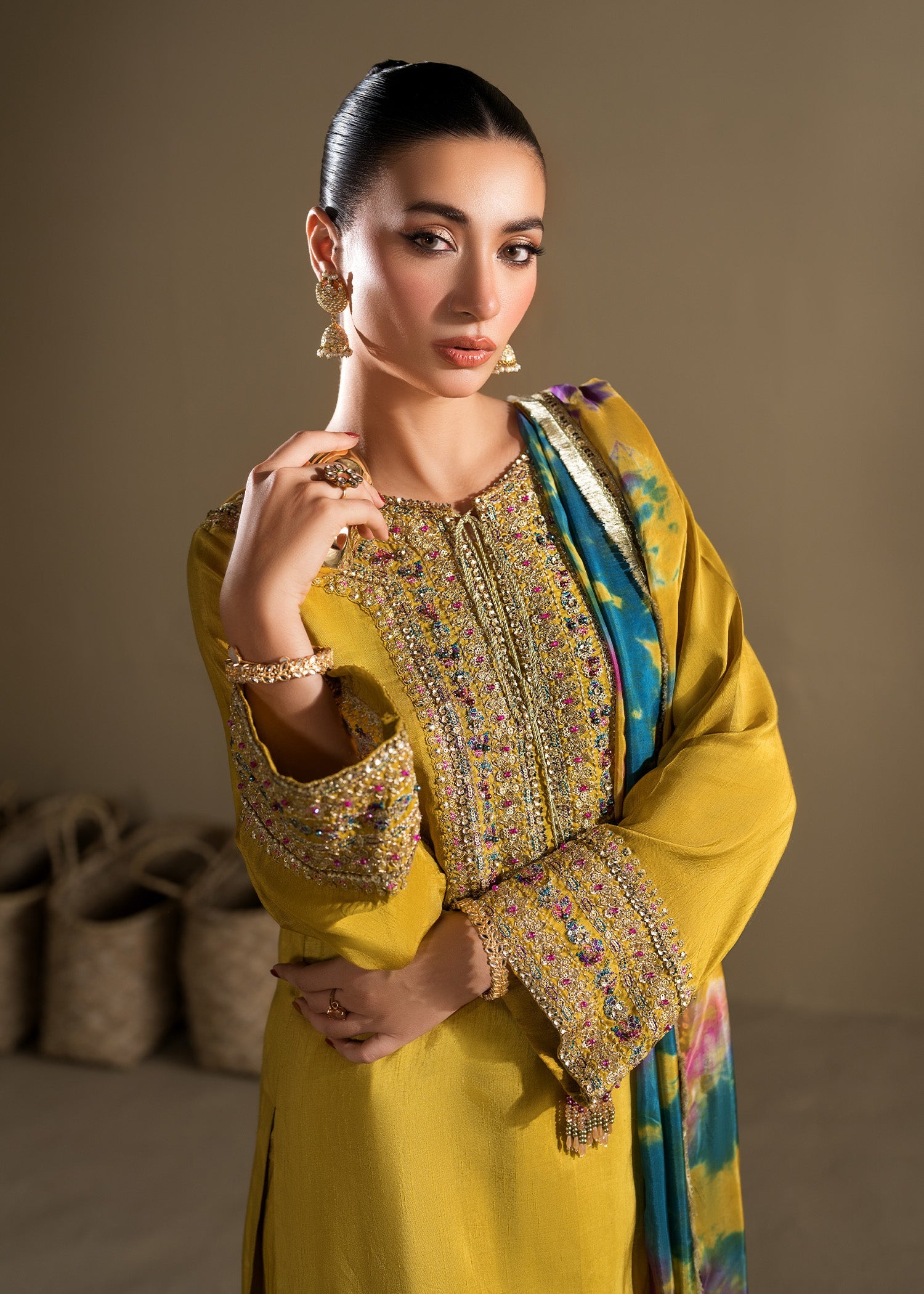 Embellished Mustard Raw Silk Pakistani Suit Online in KSA Riyadh Saudi Arabia Oman Bahrain Qatar