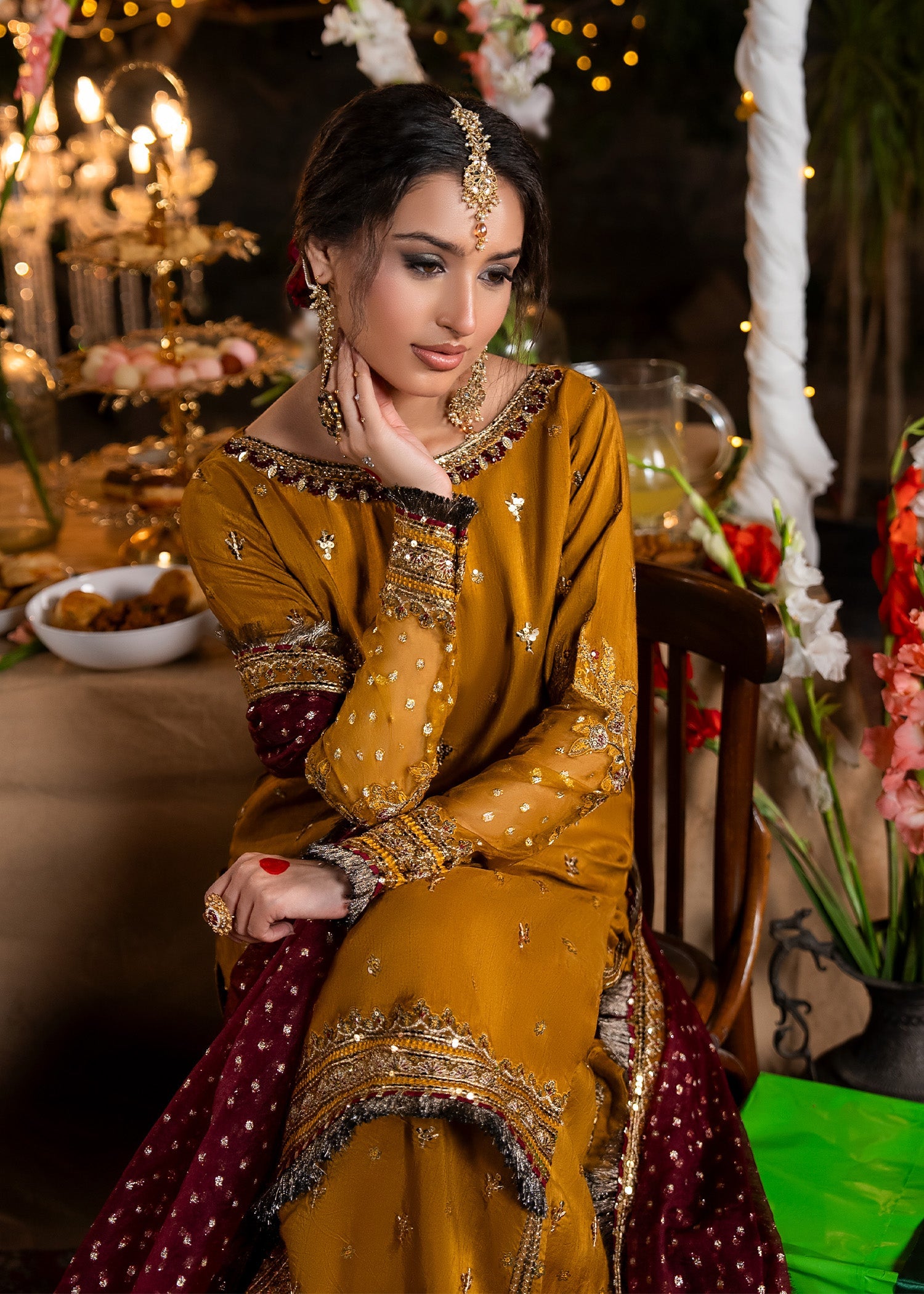 Embellished Mustard Sharara with Organza Dupatta Online in Sri Lanka India Australia