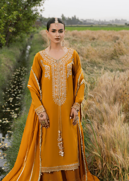Embellished Mustard Silk Suit for Women Online in KSA Riyadh Saudi Arabia Oman Bahrain Qatar