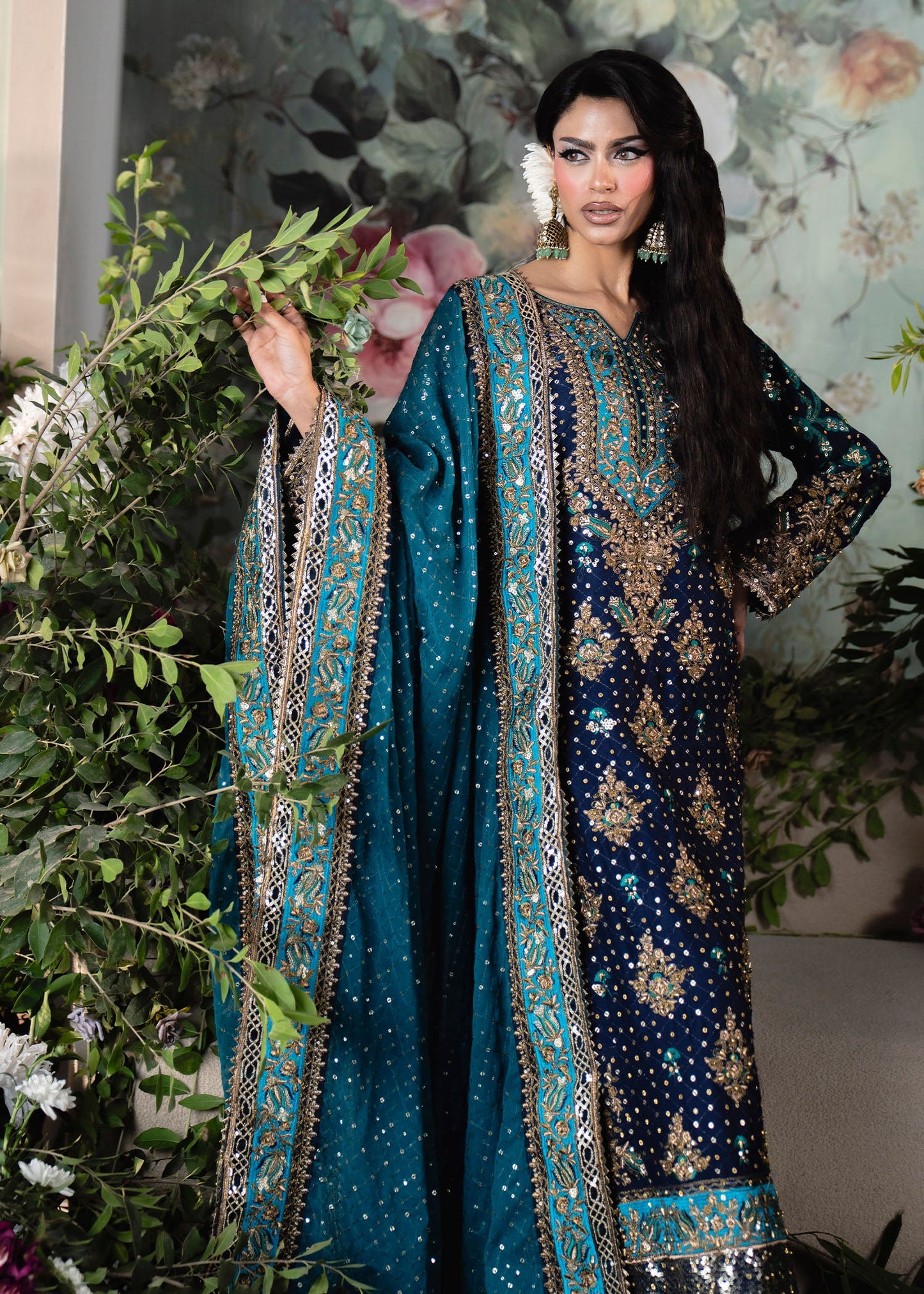 Embellished Navy Blue Chiffon Salwar Kameez Online in KSA Riyadh Saudi Arabia Oman Bahrain Qatar