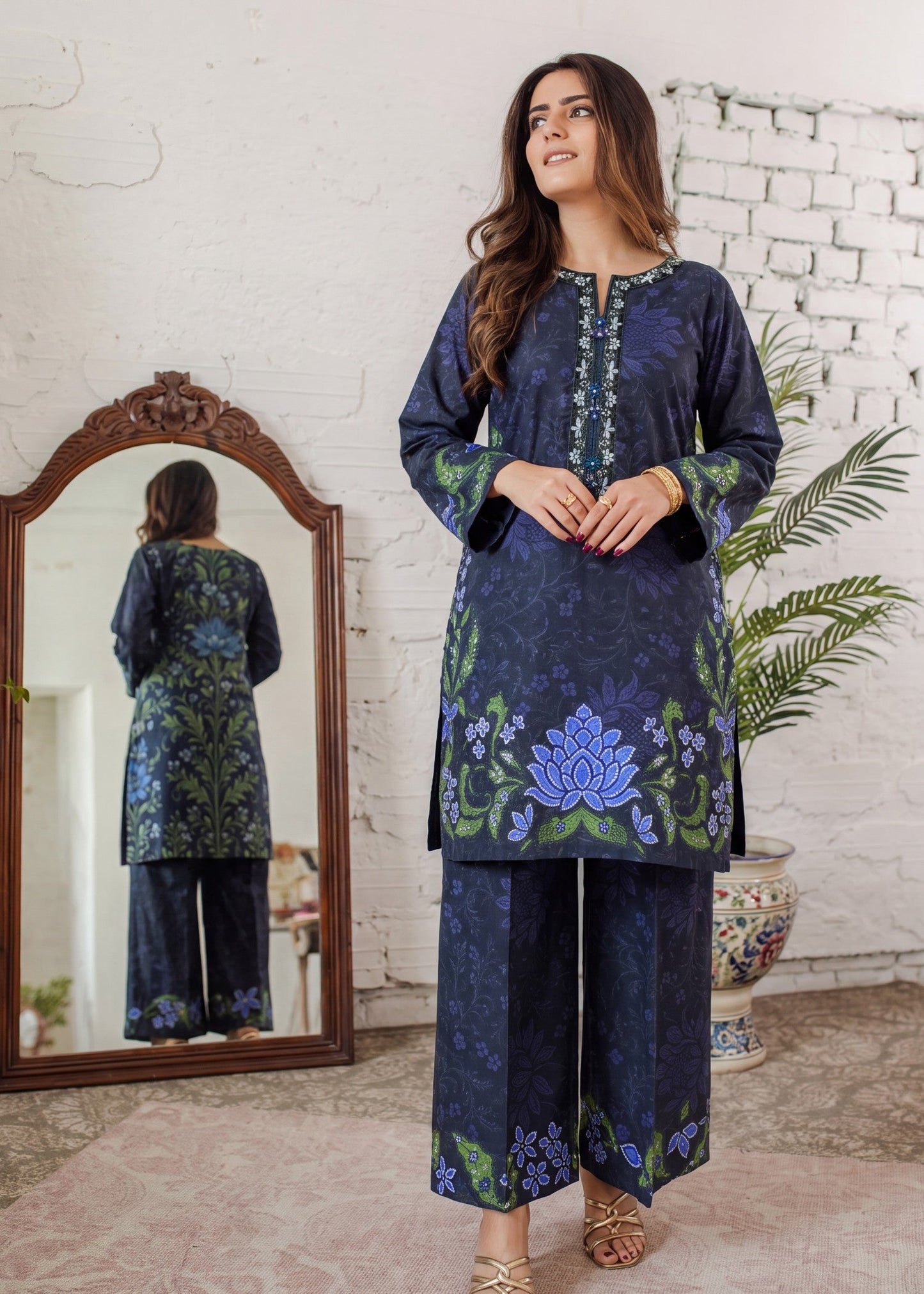Embellished Navy Blue Lawn Kurta Suit Online in Dubai DXB UAE Abudhabi Meena Bazaar
