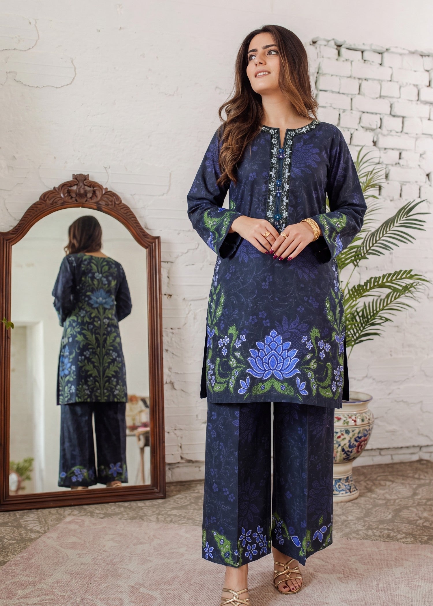 Embellished Navy Blue Lawn Kurta Suit Online in Dubai DXB UAE Abudhabi Meena Bazaar