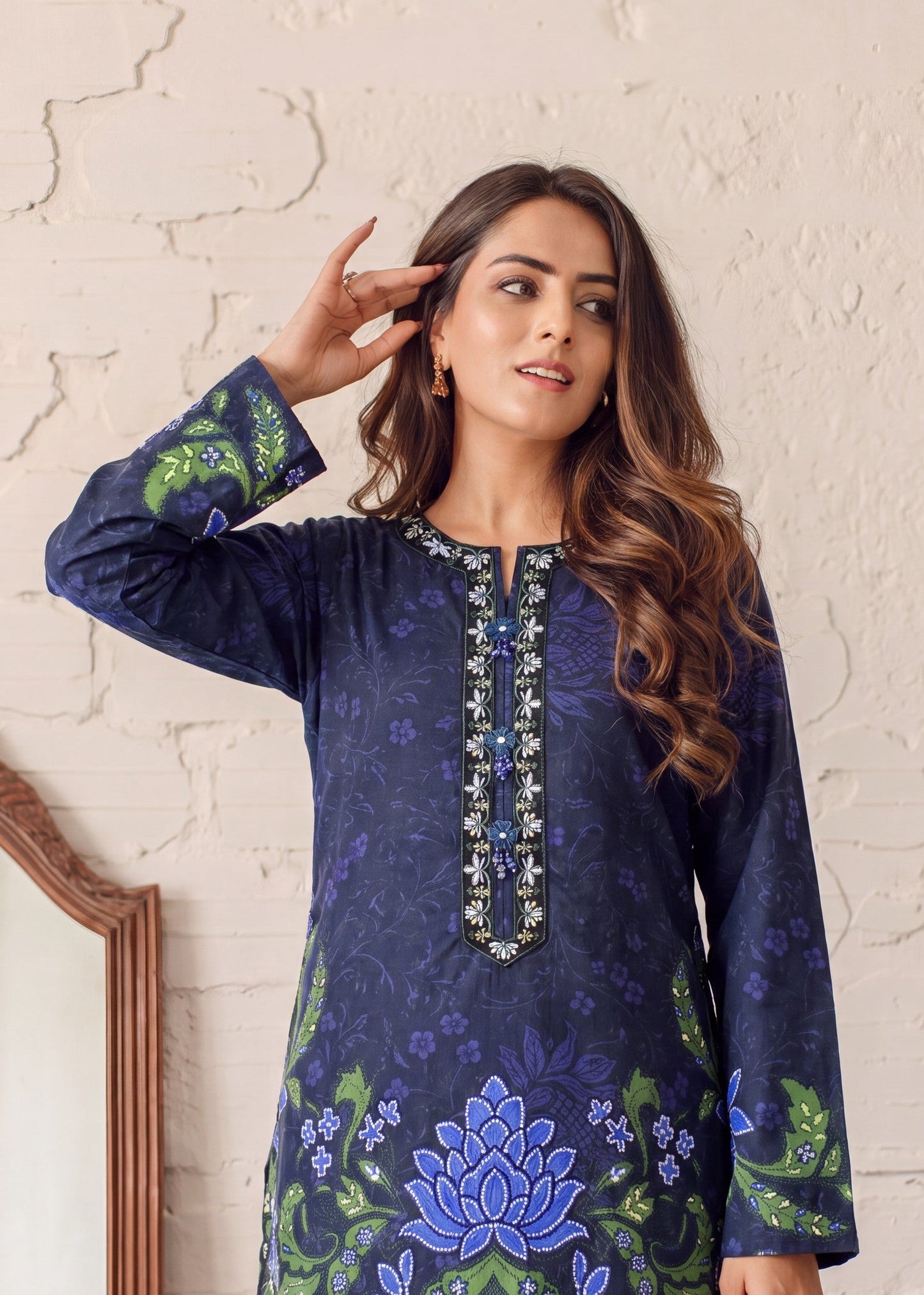 Embellished Navy Blue Lawn Salwar Kameez Online in KSA Riyadh Saudi Arabia Oman Bahrain Qatar