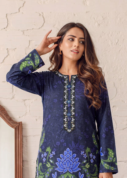 Embellished Navy Blue Lawn Salwar Kameez Online in KSA Riyadh Saudi Arabia Oman Bahrain Qatar