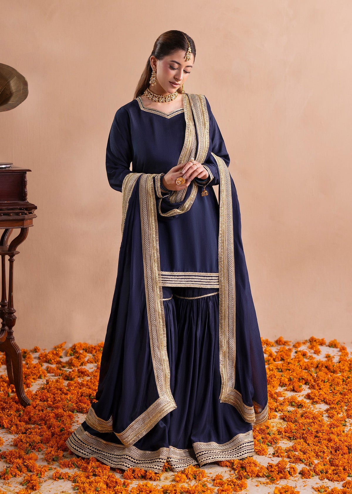 Embellished Navy Blue Raw Silk Gharara Pakistani Wedding Outfit Online in Dubai DXB UAE Abudhabi Meena Bazaar