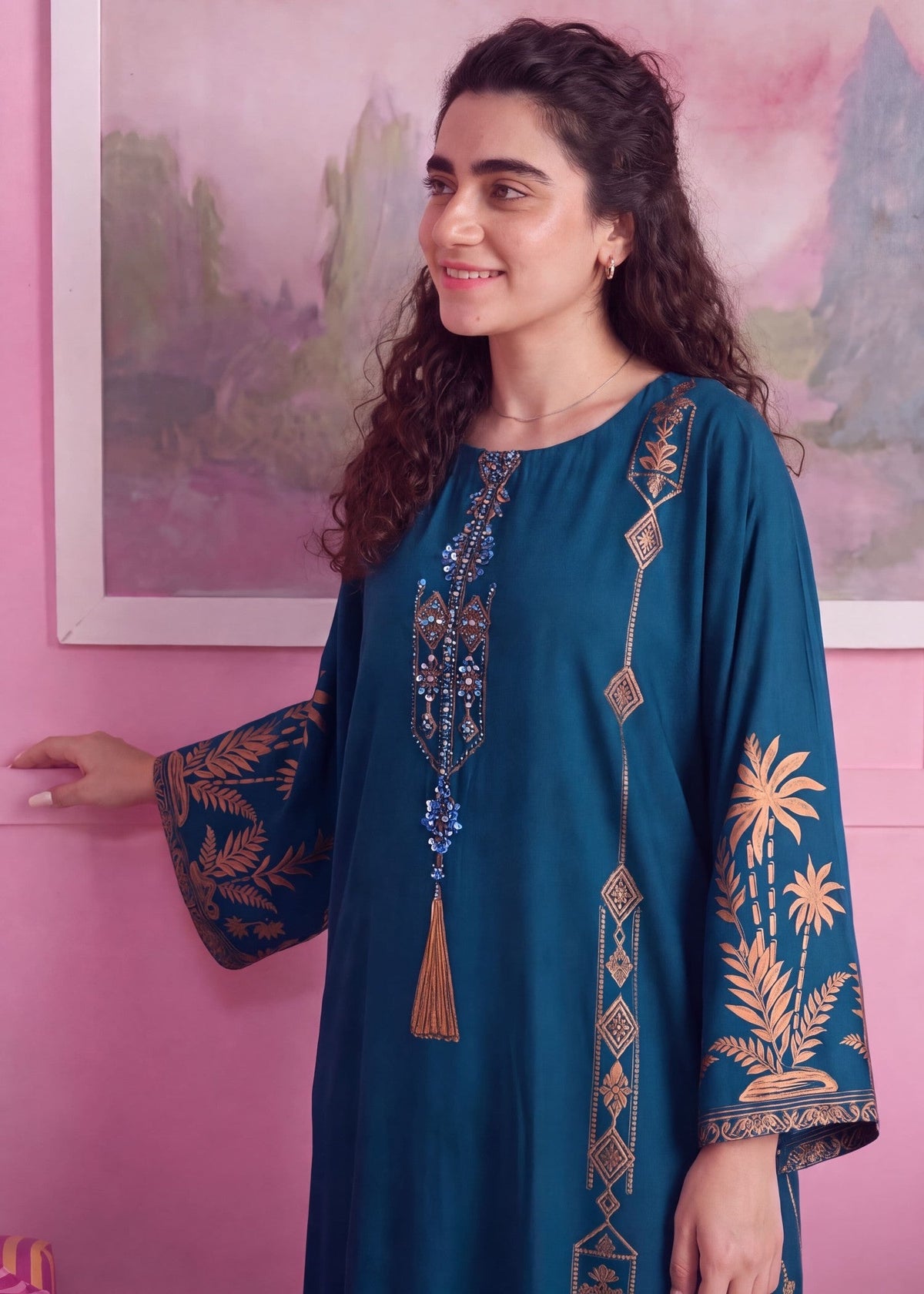 Embellished Ocean Blue Linen Kaftan for Women Online in UK USA Canada