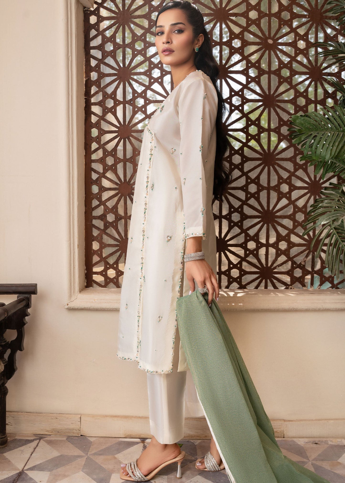 Embellished Off-White Angrakha Salwar Kameez Online in KSA Riyadh Saudi Arabia Oman Bahrain Qatar