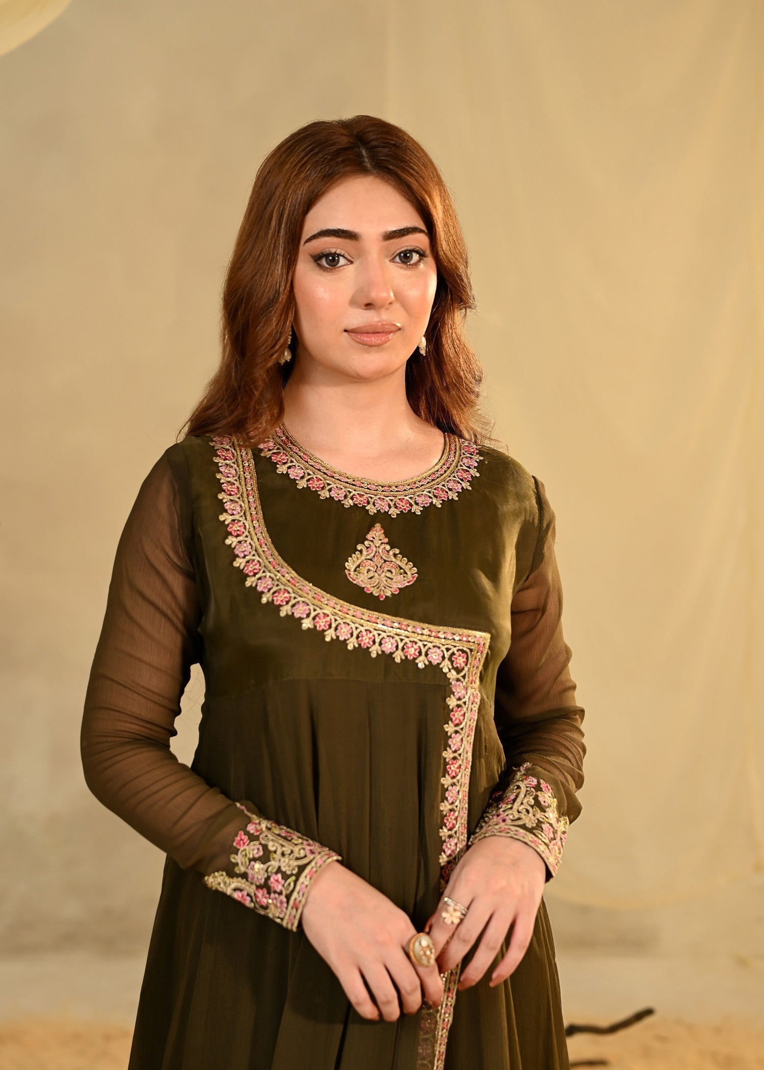 Embellished Olive Green Chiffon Angrakha Suit Online in Dubai DXB UAE Abudhabi Meena Bazaar