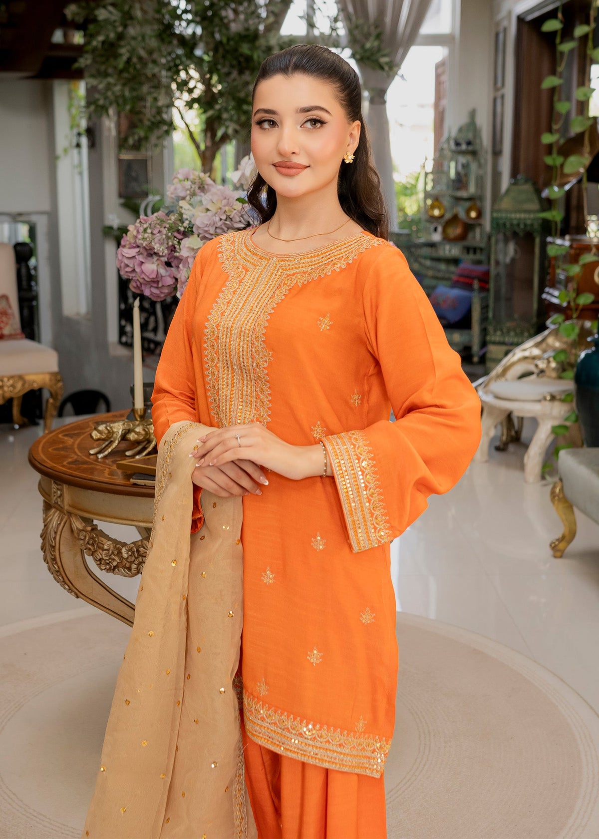 Embellished Orange Raw Silk Farshi Shalwar Online in Sri Lanka India Australia