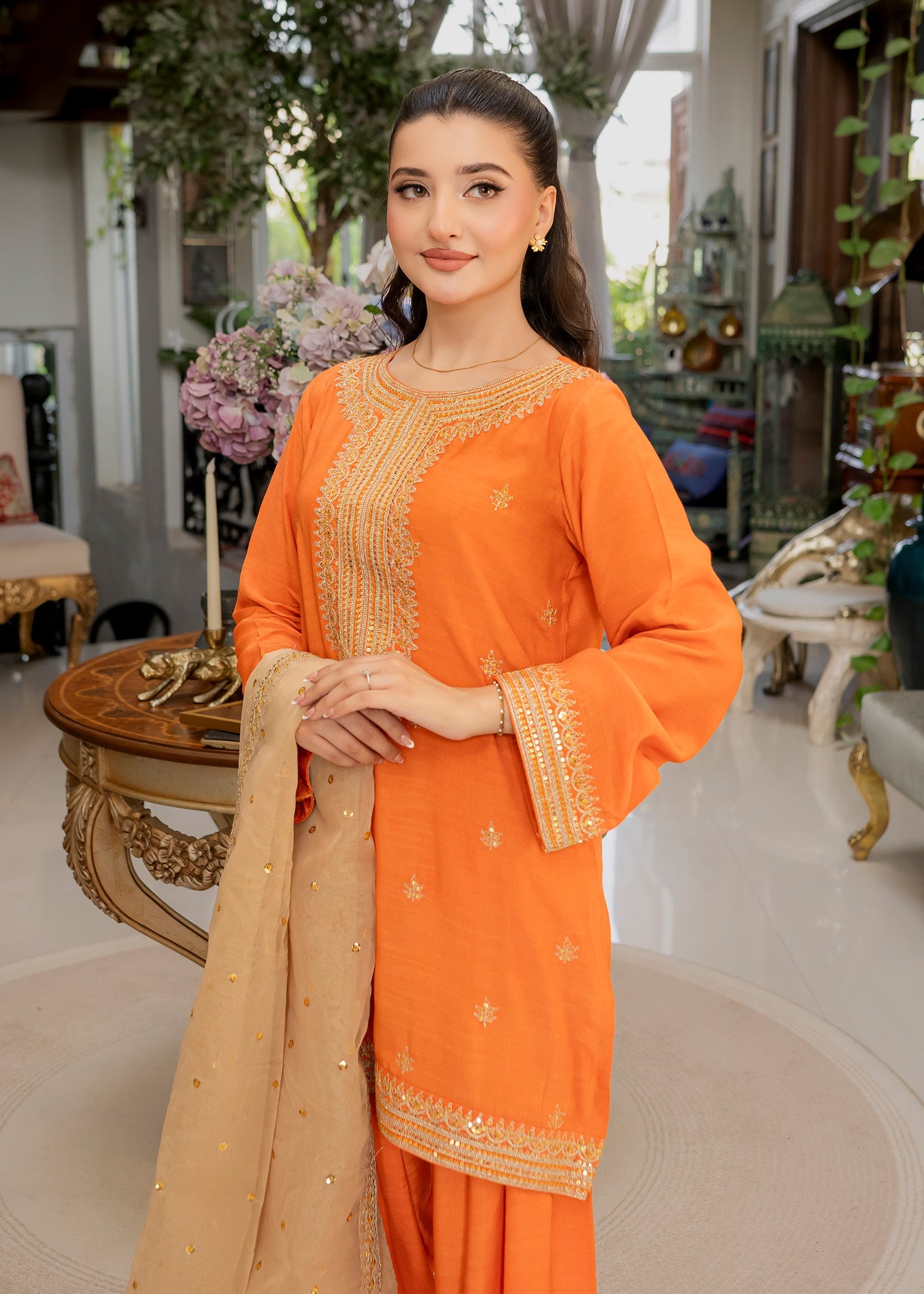 Embellished Orange Raw Silk Farshi Shalwar Online in Sri Lanka India Australia