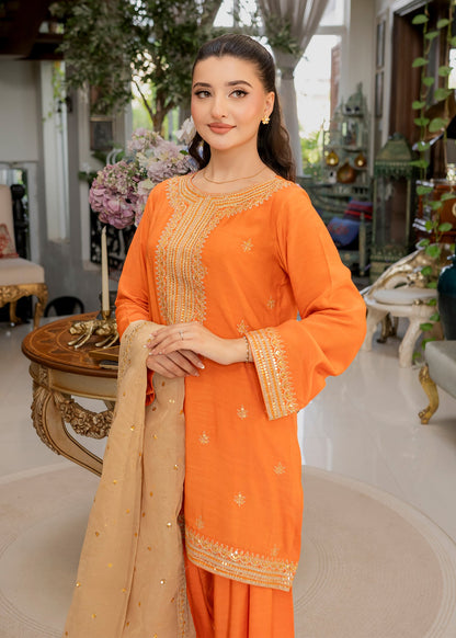 Embellished Orange Raw Silk Farshi Shalwar Online in Sri Lanka India Australia