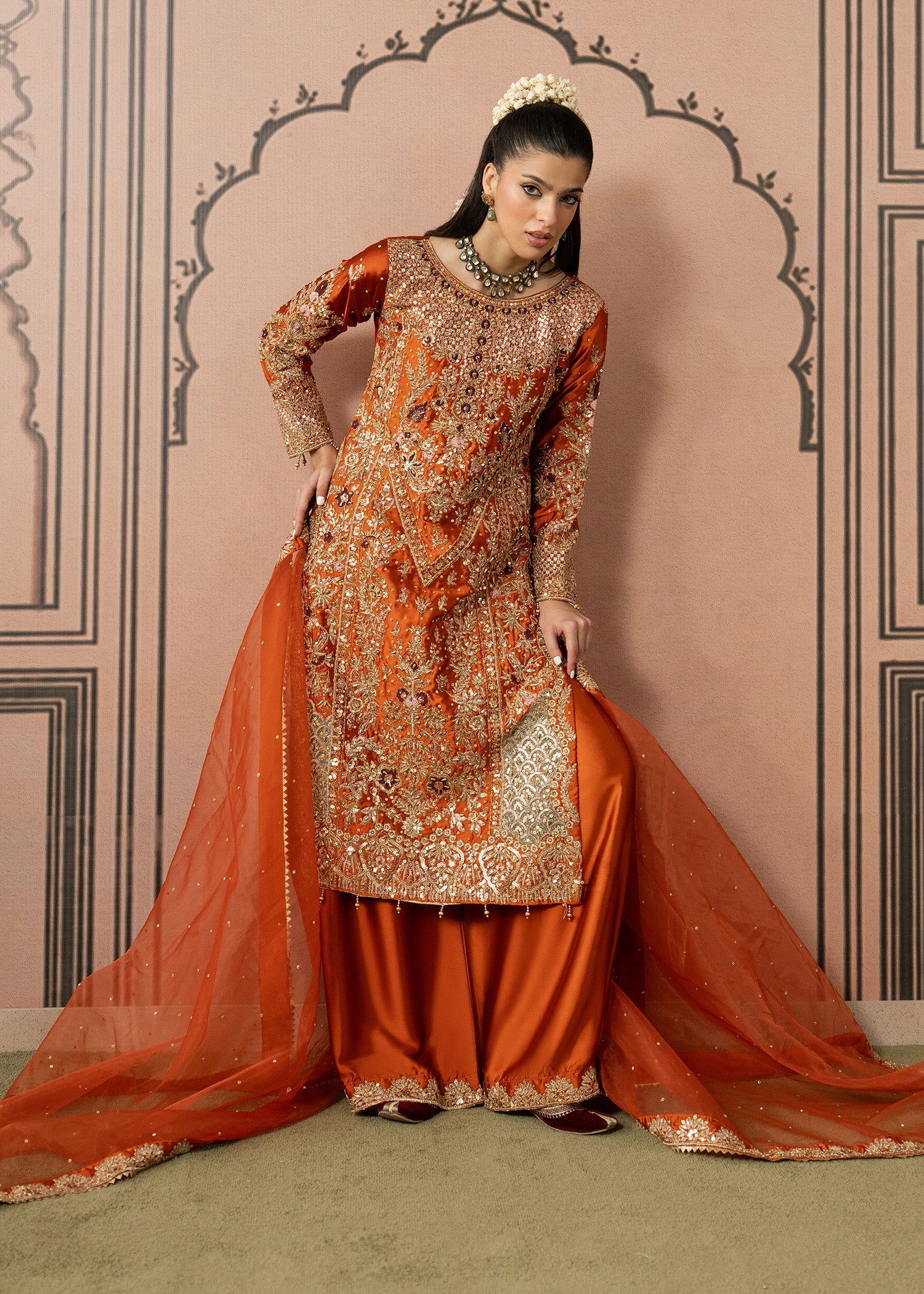 Embellished Orange Wedding Guest Wear Online in KSA Riyadh Saudi Arabia Oman Bahrain Qatar