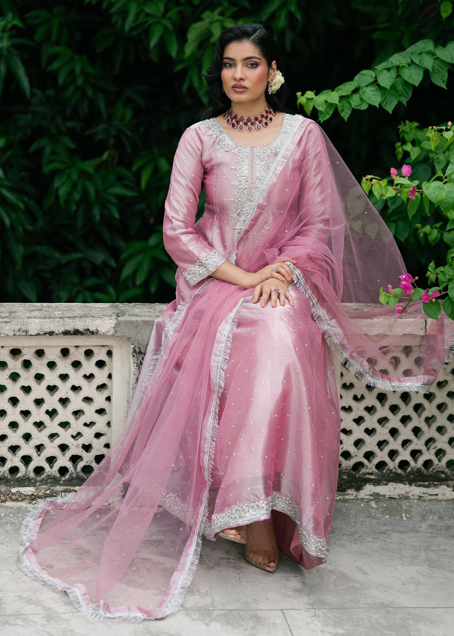 Embellished Pastel Pink Organza Wedding Guest Wear Online in Dubai UAE Abudhabi Ajman Sharjah