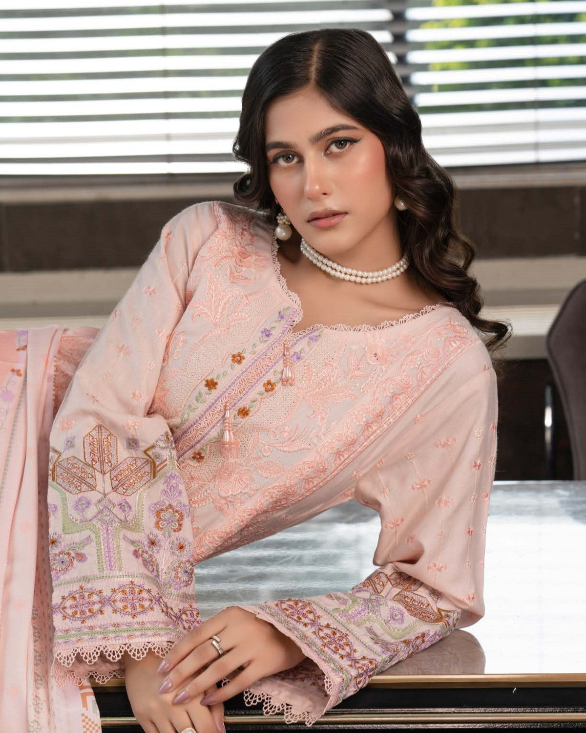 Embellished Peach Dhanak Salwar Kameez Online in Dubai DXB UAE Abudhabi Meena Bazaar