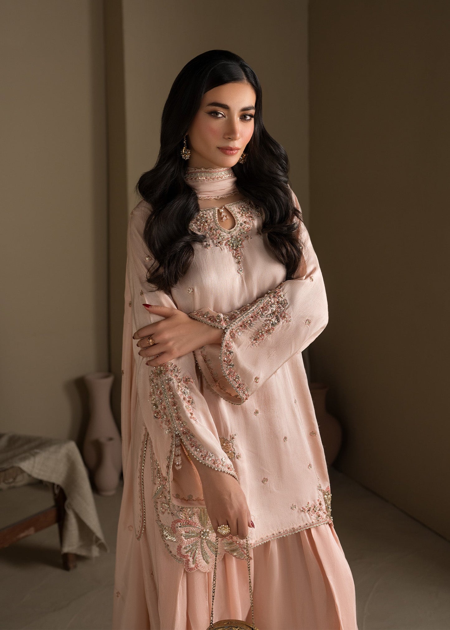 Embellished Peach Orange Pakistani Farshi Shalwar Online in KSA Riyadh Saudi Arabia Oman Bahrain Qatar