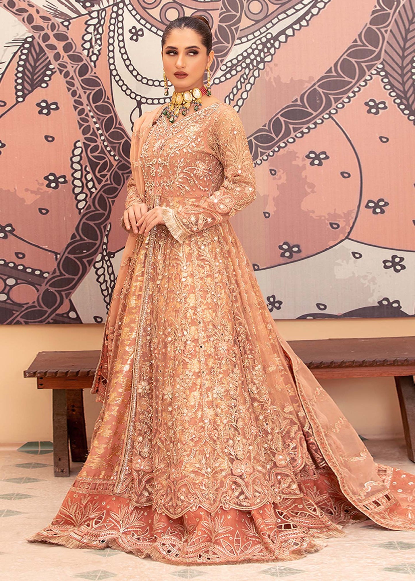 Embellished Peach Wedding Guest Wear Suit Online in Dubai UAE Abudhabi Ajman Sharjah