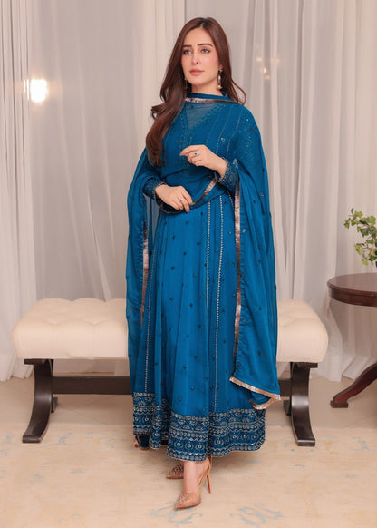 Embellished Peacock Blue Chiffon Salwar Kameez Online in UK USA Canada