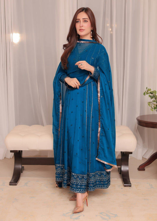 Embellished Peacock Blue Chiffon Salwar Kameez Online in UK USA Canada