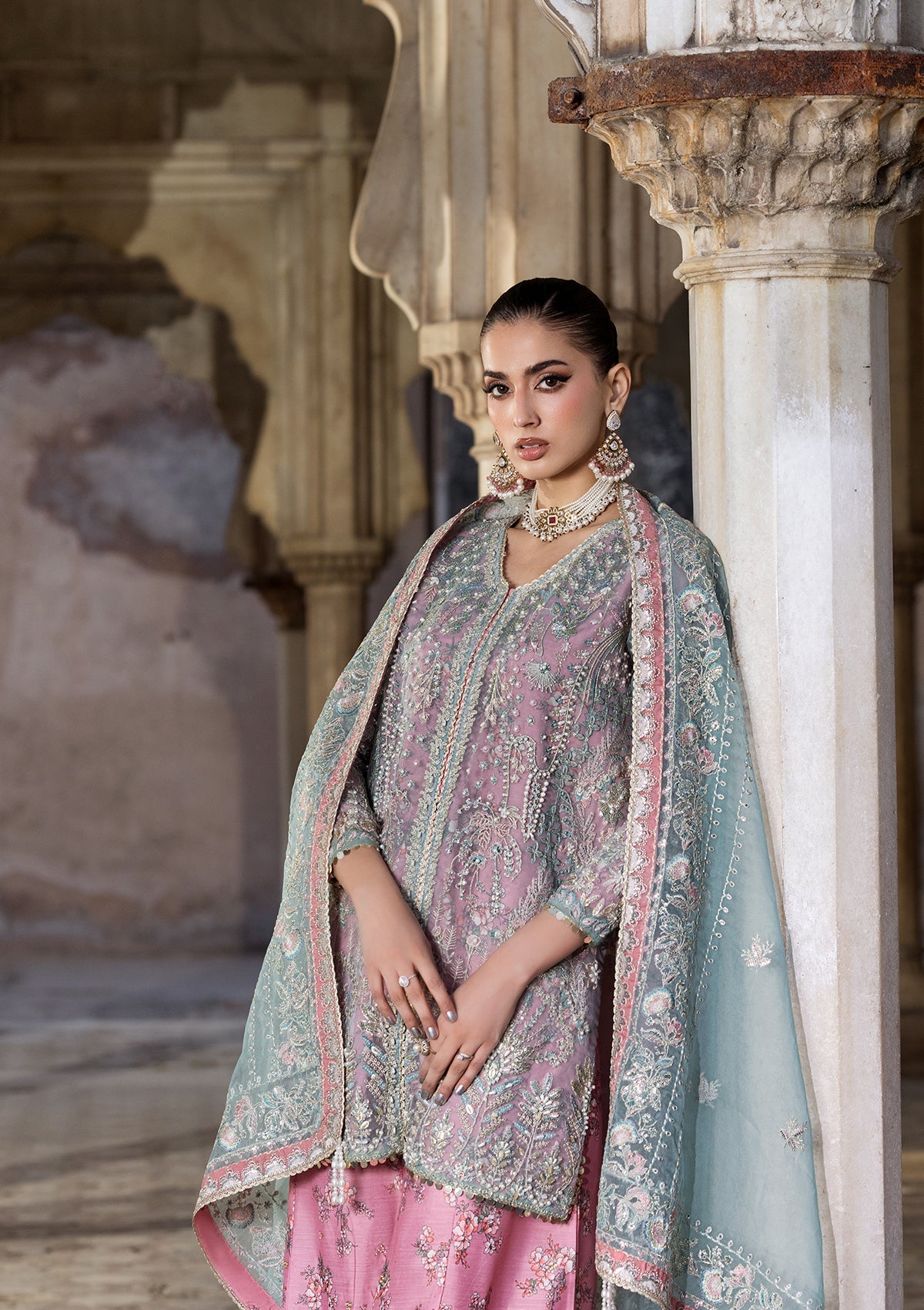 Embellished Pink Organza Pakistani Sharara Gharara Online in KSA Riyadh Saudi Arabia Oman Bahrain Qatar