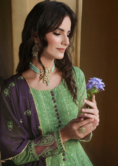 Embellished Pistachio Green Chiffon Festive Suit Online in Sri Lanka India Australia