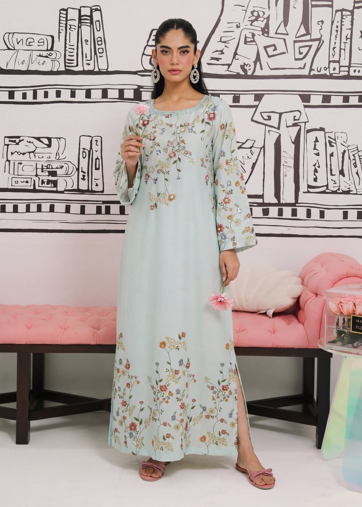 Embellished Poly Silk Kaftan Light Cyan Online in Dubai UAE Abudhabi Ajman Sharjah