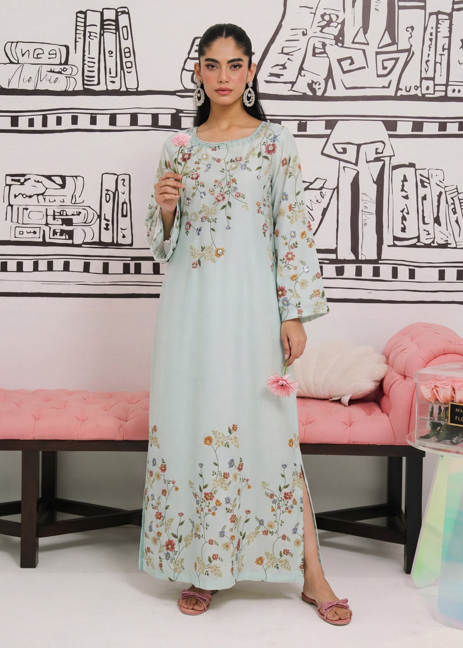 Embellished Poly Silk Kaftan Light Cyan Online in Dubai UAE Abudhabi Ajman Sharjah