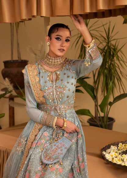 Embellished Powder Blue Chiffon Salwar Kameez Online in KSA Riyadh Saudi Arabia Oman Bahrain Qatar