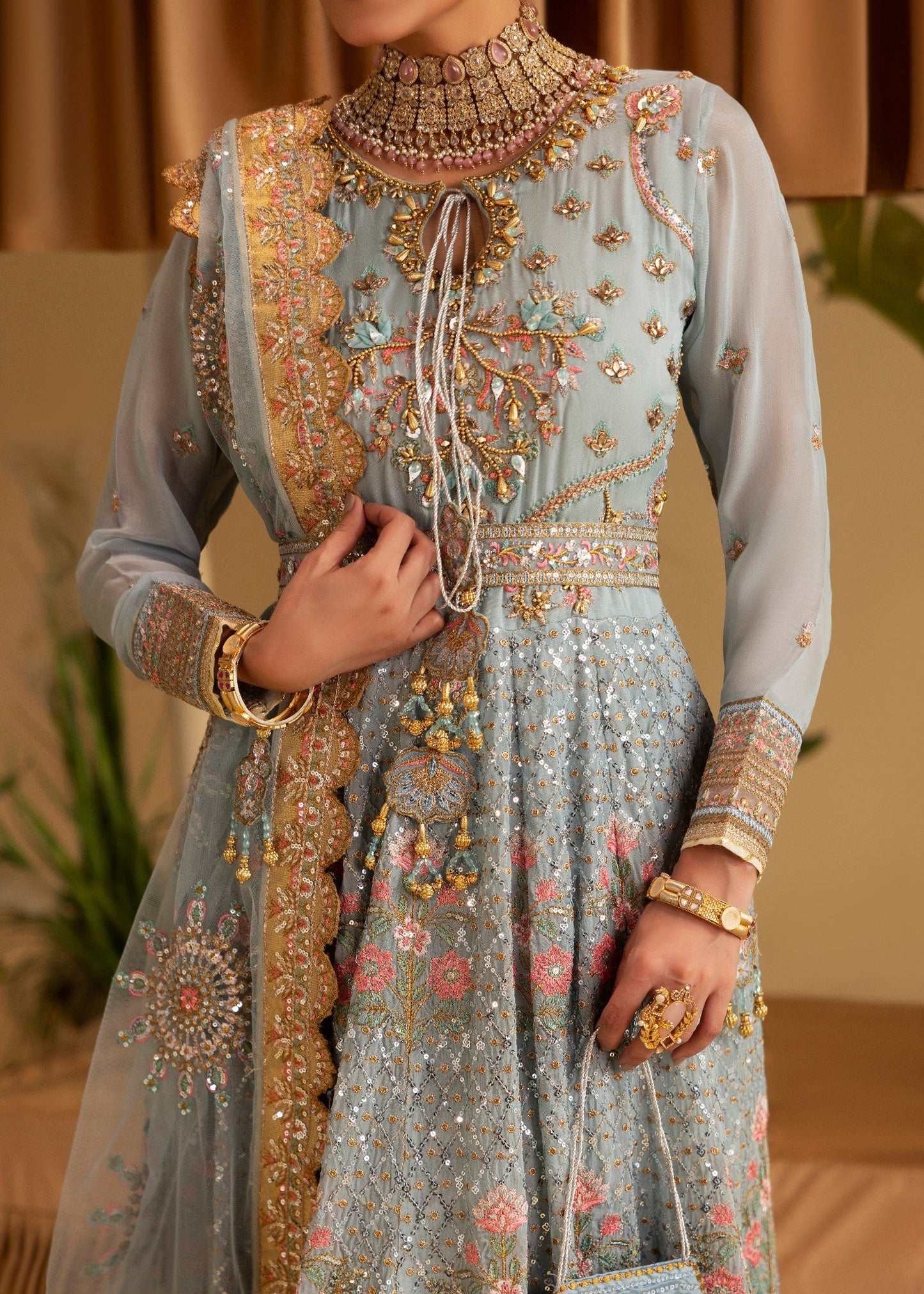 Embellished Powder Blue Chiffon Wedding Guest Outfit Online in Dubai DXB UAE Abudhabi Meena Bazaar