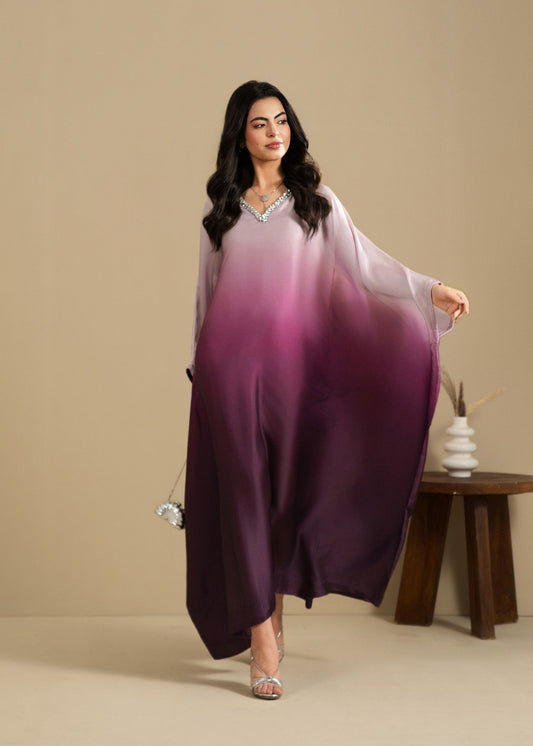 Embellished Purple Silk Kaftan Partywear Online in KSA Riyadh Saudi Arabia Oman Bahrain Qatar