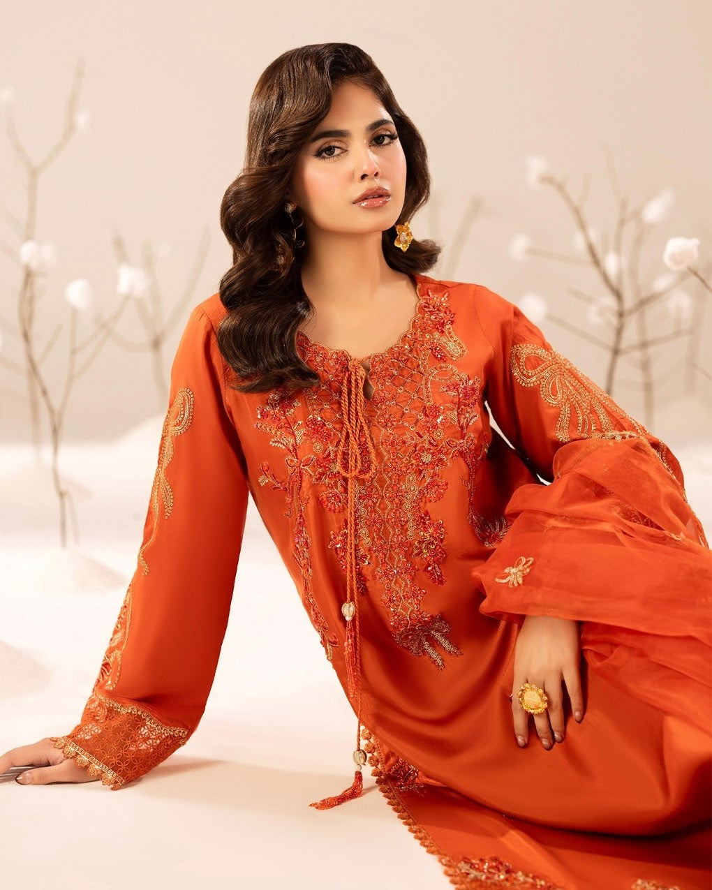 Embellished Raw Silk Burnt Orange Festive Suit Online in Sri Lanka India Australia
