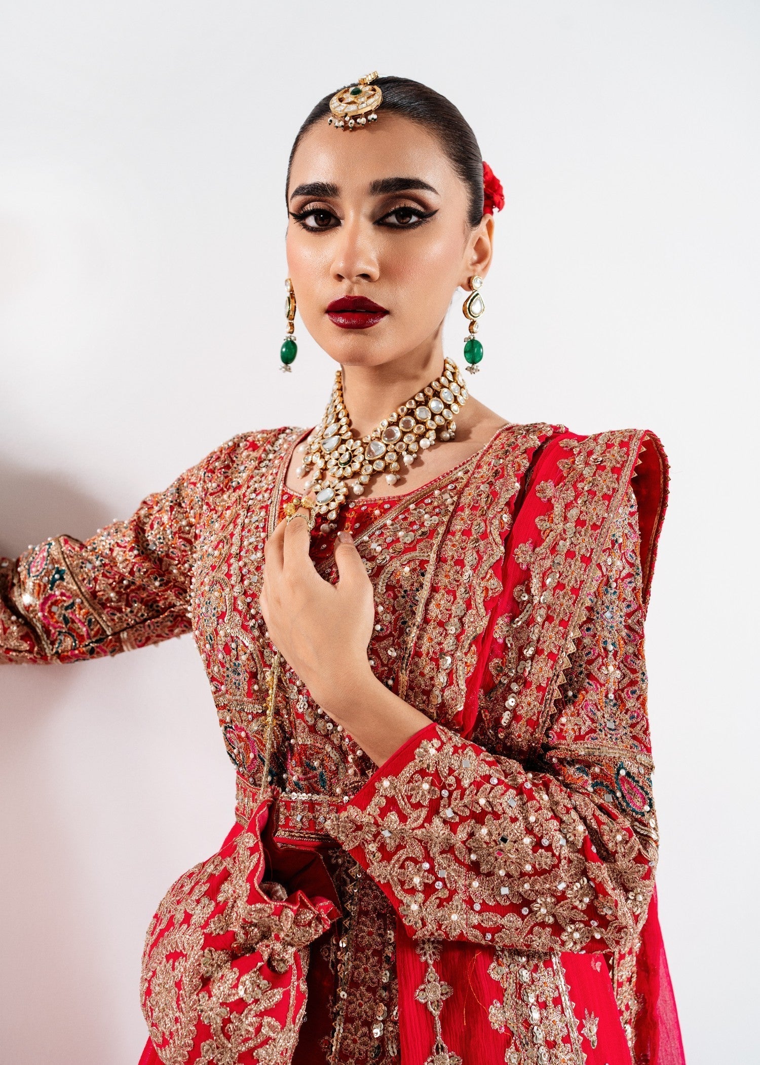 Embellished Red Chiffon Angrakha Suit with Dupatta Online in Dubai UAE Abudhabi Ajman Sharjah
