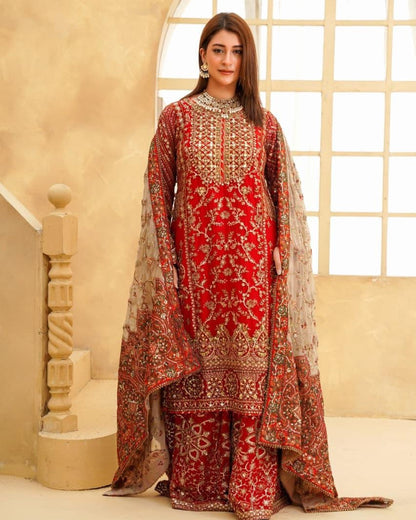 Embellished Red Chiffon Dupatta Sharara Set Online in KSA Riyadh Saudi Arabia Oman Bahrain Qatar