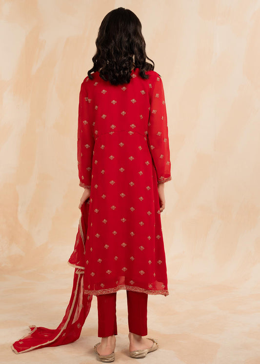 Embellished Red Chiffon Raw Silk 3 Piece Dress Online in Sri Lanka India Australia