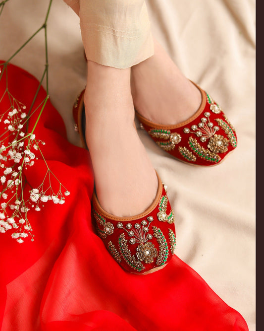 Embellished Red Velvet Khussa Online in KSA Riyadh Saudi Arabia Oman Bahrain Qatar