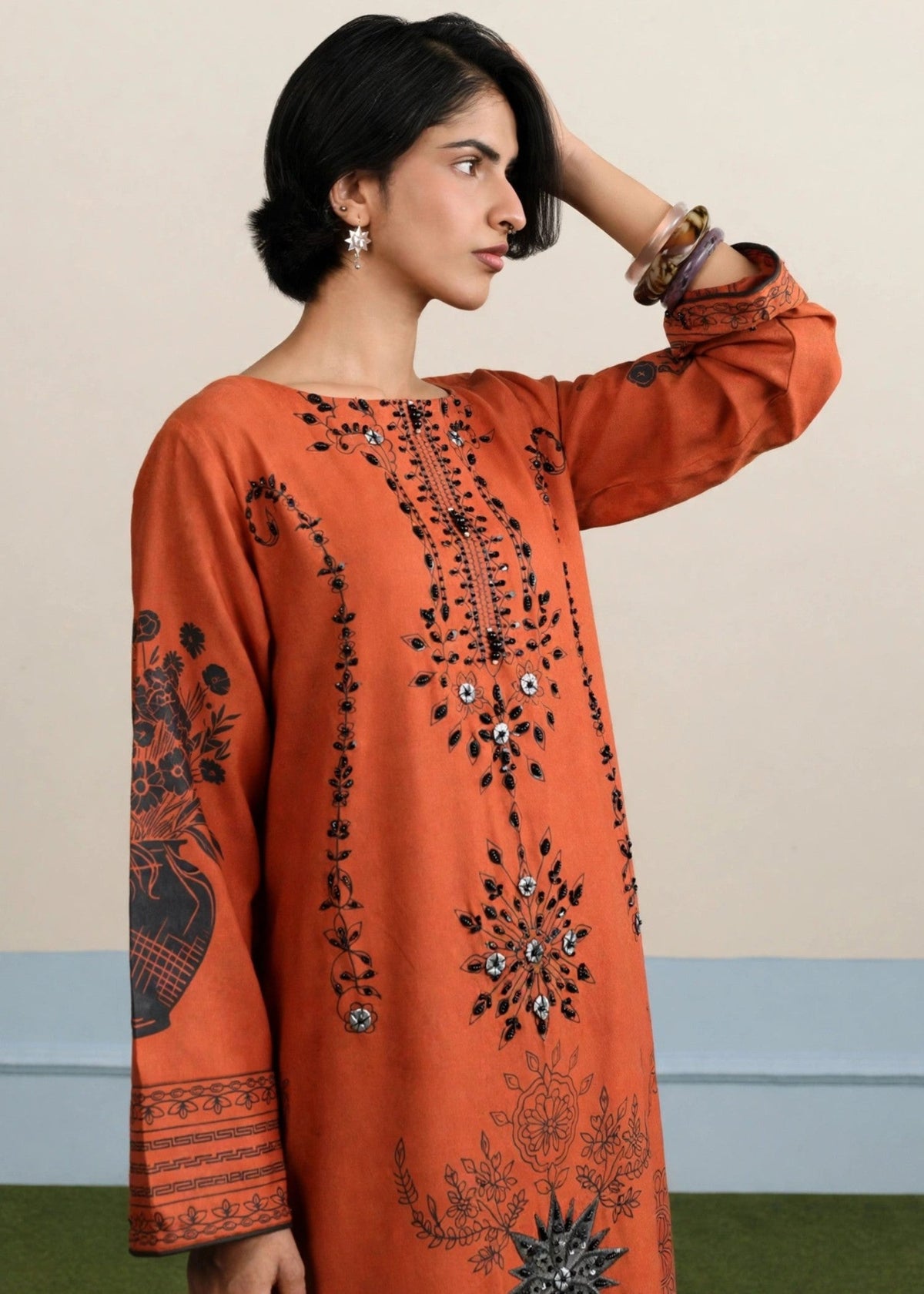 Embellished Rust Orange Dhanak Kaftan Online in KSA Riyadh Saudi Arabia Oman Bahrain Qatar
