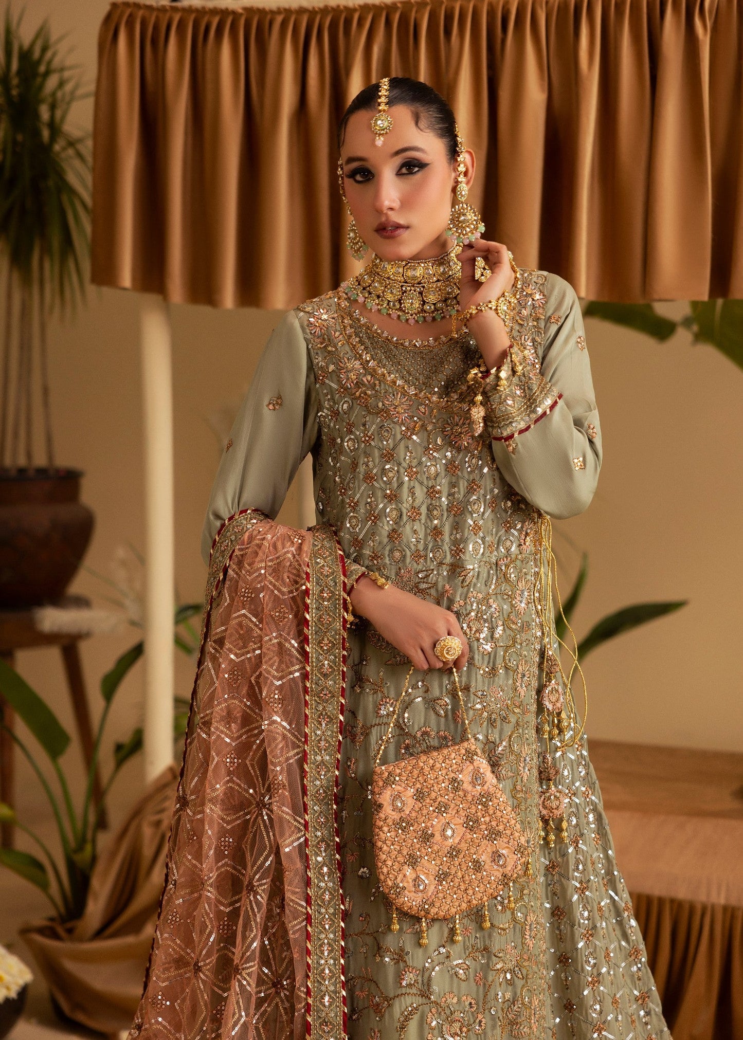Embellished Sage Green Chiffon Angrakha Gown with Dupatta Online in Dubai DXB UAE Abudhabi Meena Bazaar