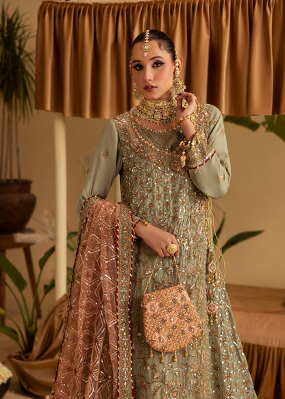 Embellished Sage Green Chiffon Angrakha Gown with Dupatta Online in Dubai DXB UAE Abudhabi Meena Bazaar