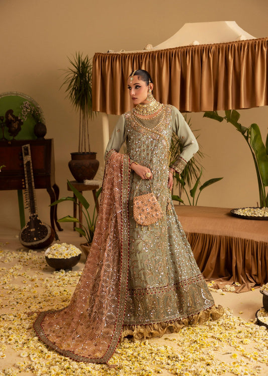 Embellished Sage Green Chiffon Pakistani Wedding Suit Online in KSA Riyadh Saudi Arabia Oman Bahrain Qatar