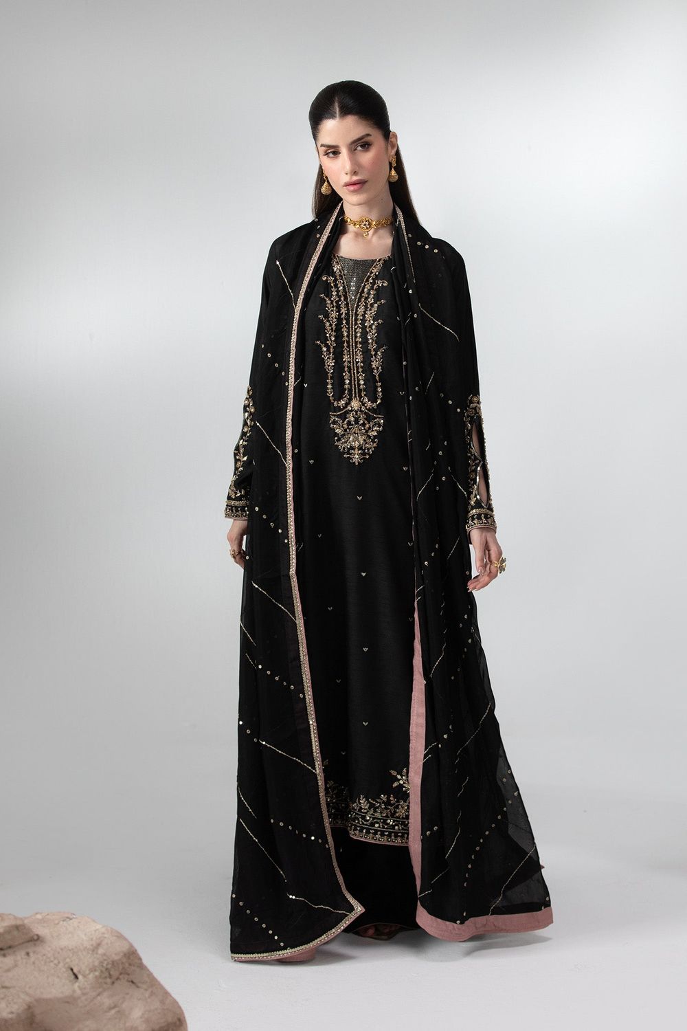 Black Embroidered Raw Silk Festive Suit Online in Dubai UAE Abudhabi Ajman Sharjah