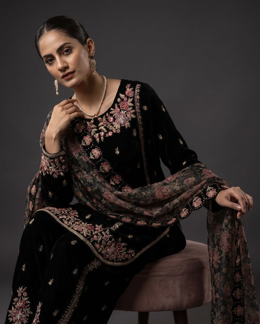 Black Embroidered Velvet Shalwar Kameez Online in UK USA Canada