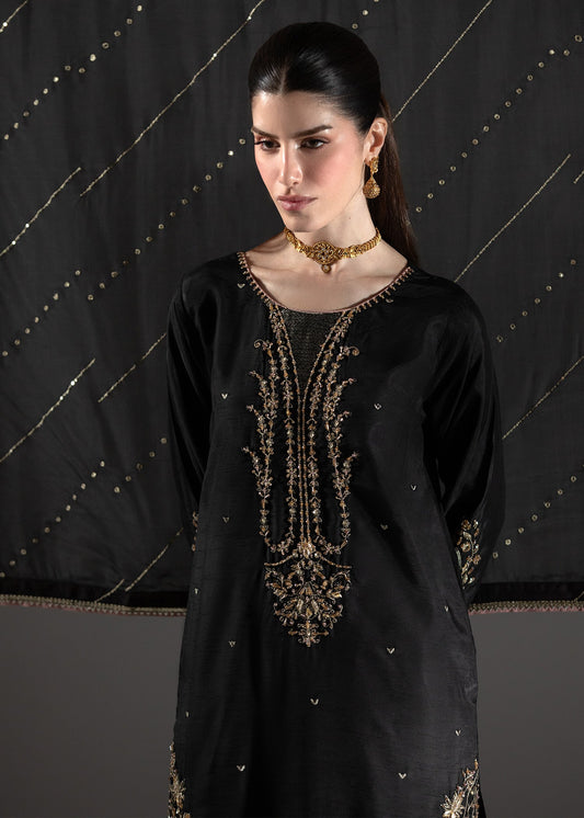Black Heavy Embroidery Raw Silk Salwar Suit Online in Dubai DXB UAE Abudhabi Meena Bazaar