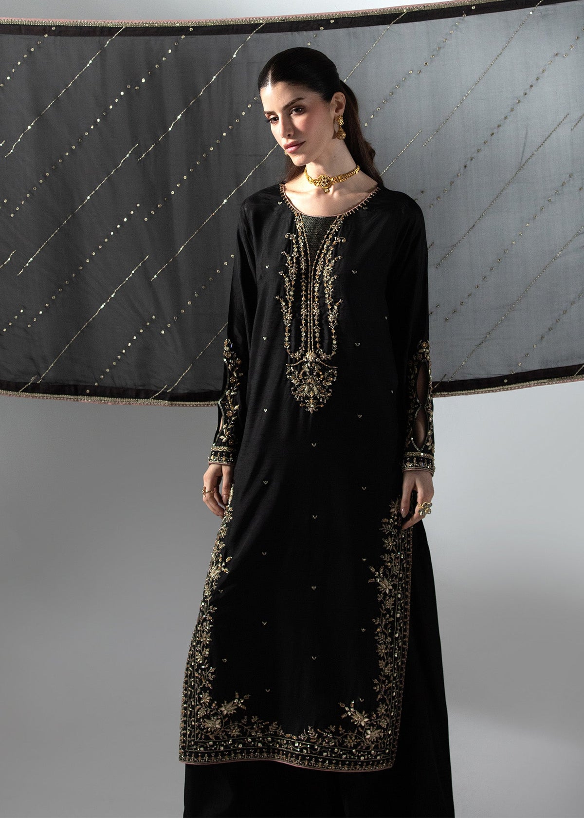 Black Partywear Raw Silk Pakistani Suit Online in Sri Lanka India Australia