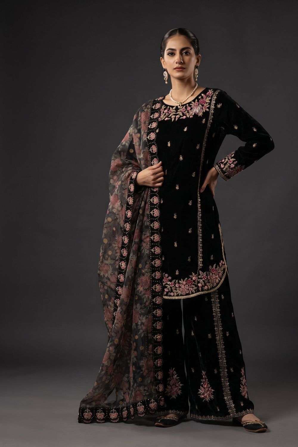 Black Embellished Velvet Pakistani Suit Online in Dubai UAE Abudhabi Ajman Sharjah